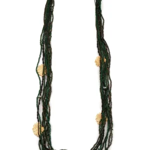 Collar Tiras Abalorios verdes y placas doradas